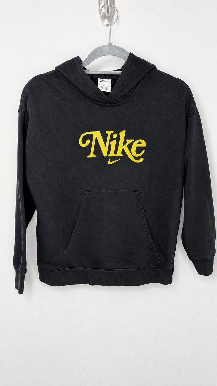Nike Script Logo Hoodie Black Gold Yellow Swoosh Pullover Size M